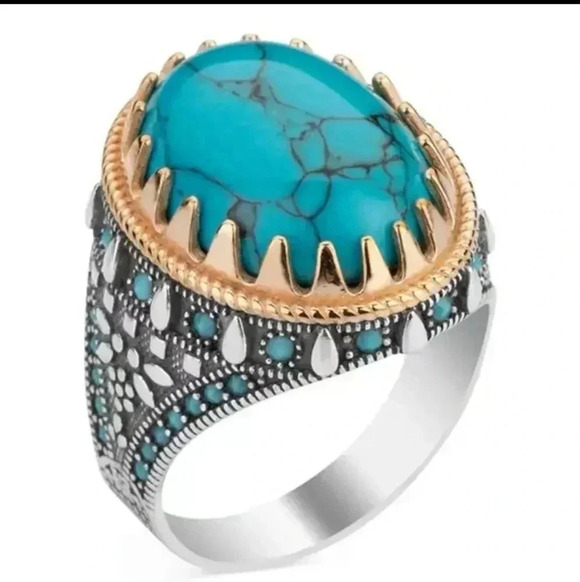 New Vintage Men's Electroplated Two-tone Inlaid Turquoise Ring..NWT - Picture 5 of 6